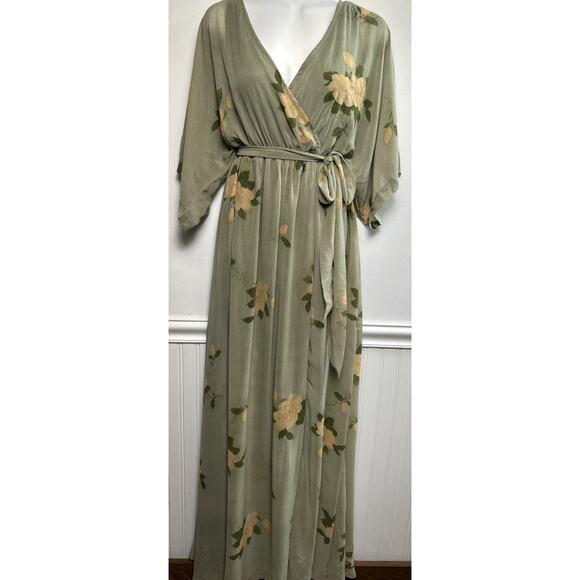 Baltic Born Floral Maxi Dress Sheer Overlay Flowy Green Small V-neck Tie Waist - Picture 1 of 13